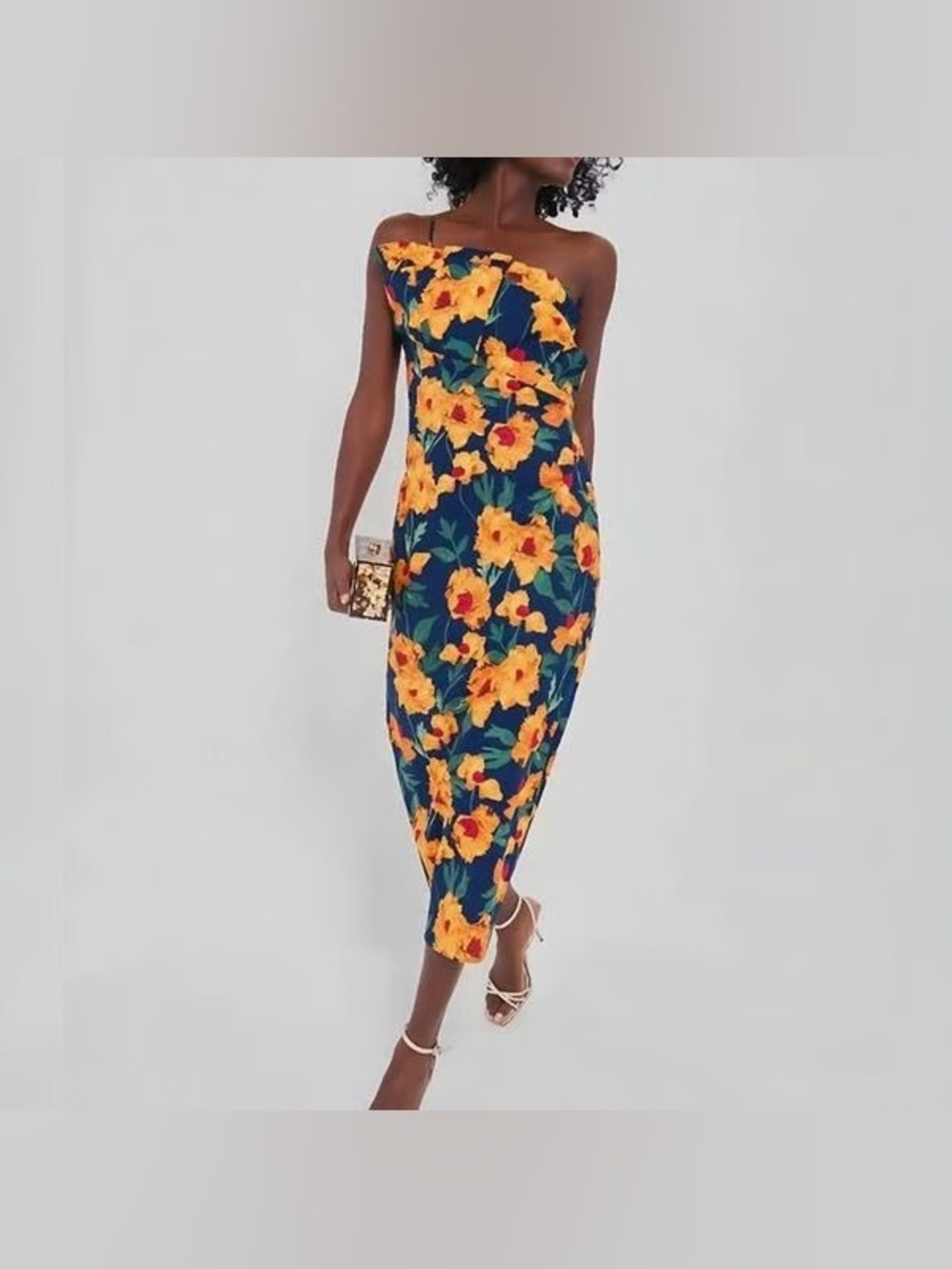 Hyacinth House Navy & Marigold Floral Ruffle Margot Midi Dress Size XS